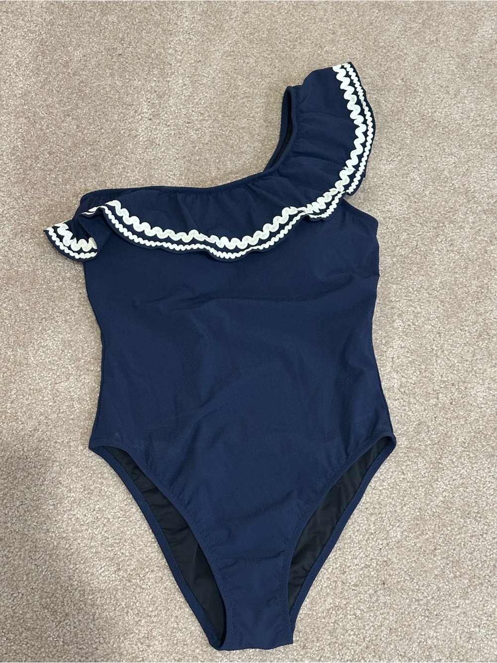 NWT J.Crew One Shoulder Ruffle One Piece Swimsuit Navy Size 6 - Picture 1 of 8